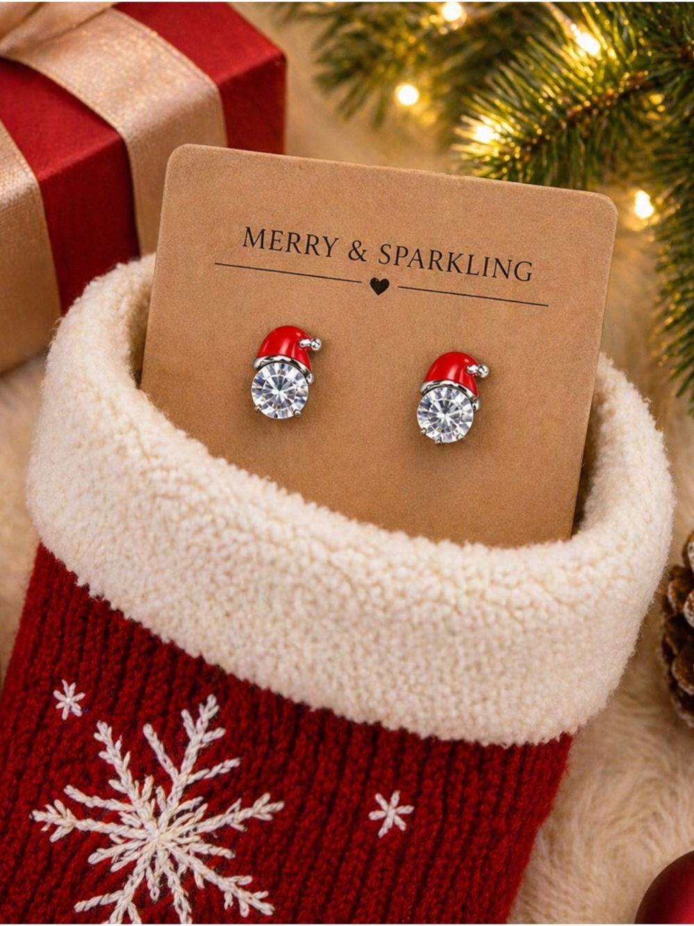 Crystal Santa Claus Stud Earrings Red Silver Tone Christmas Holiday - Picture 6 of 6